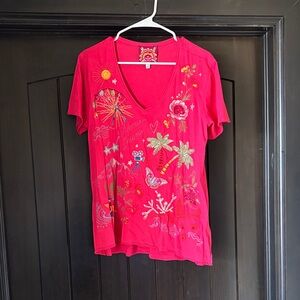 Johnny Was Vibrant Pink Embroidered  V-Neck Tee
